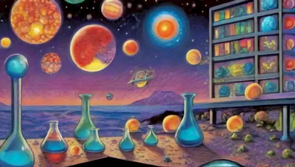 Elementos coloridos y surrealistas fusionan ciencia y arte en escenas de laboratorio mágicas.
