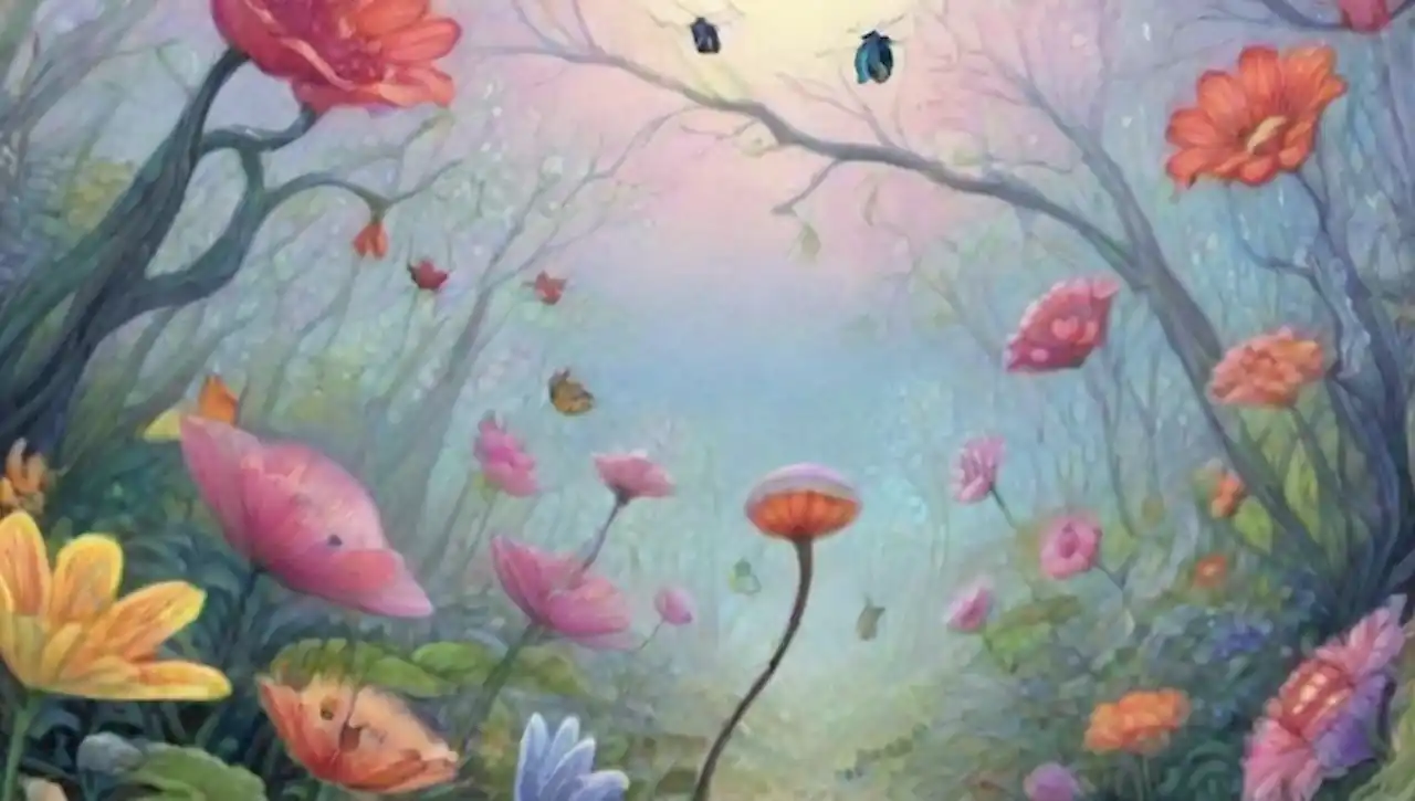 Un paisaje surrealista con flores gigantes, colores vibrantes y elementos fantásticos.