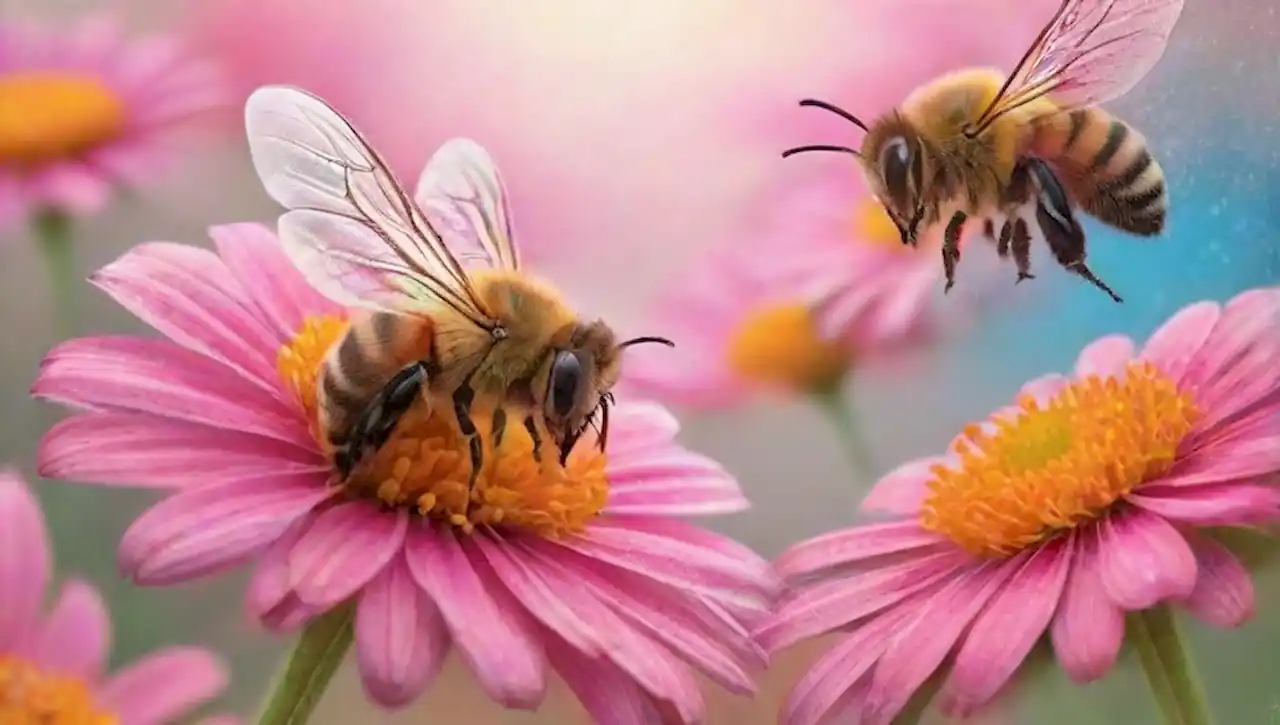 Un paisaje onírico de flores surrealistas y abejas en un mundo de armonía y colores vibrantes.