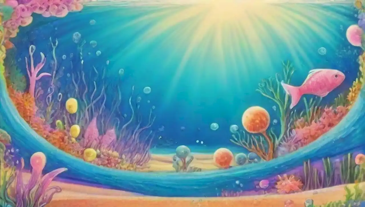 Paisaje submarino surrealista con formaciones gelatinosas y criaturas marinas en un ambiente etéreo.