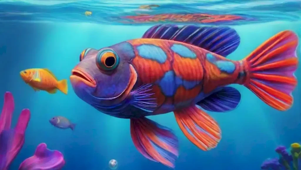 Peces mandarín se deslizan en un paisaje submarino de colores vibrantes y luz etérea.