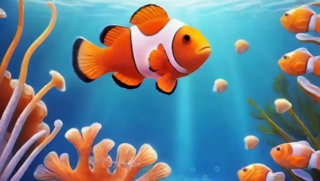 Un colorido arrecife de coral con peces payaso y anémonas en un entorno marino tranquilo.