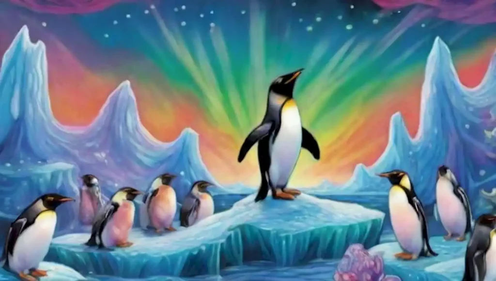Pingüinos en un mundo submarino mágico con coloridos arrecifes y auroras boreales.