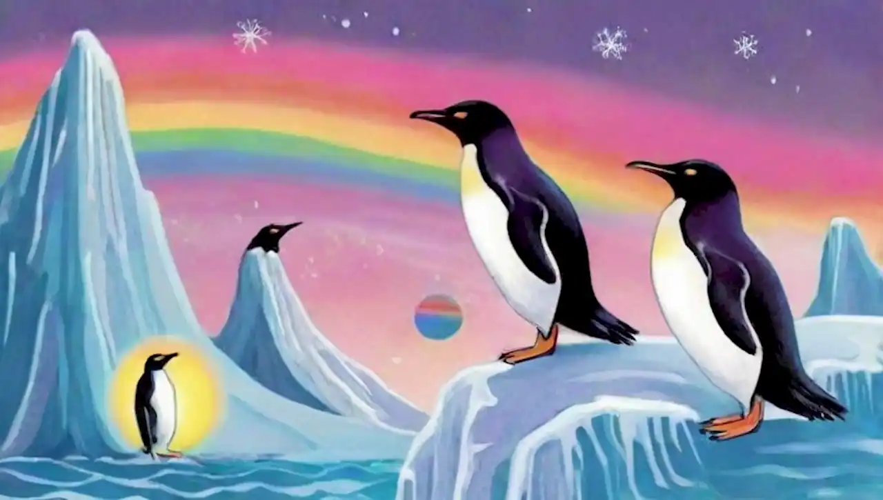 Penguins jugueteando en un mundo colorido y surrealista de hielo y corales.