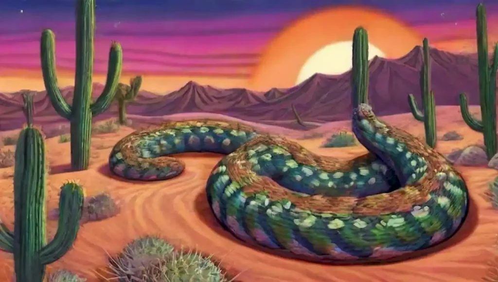 Serpiente de cascabel entre cactus vibrantes en un paisaje surrealista al atardecer.