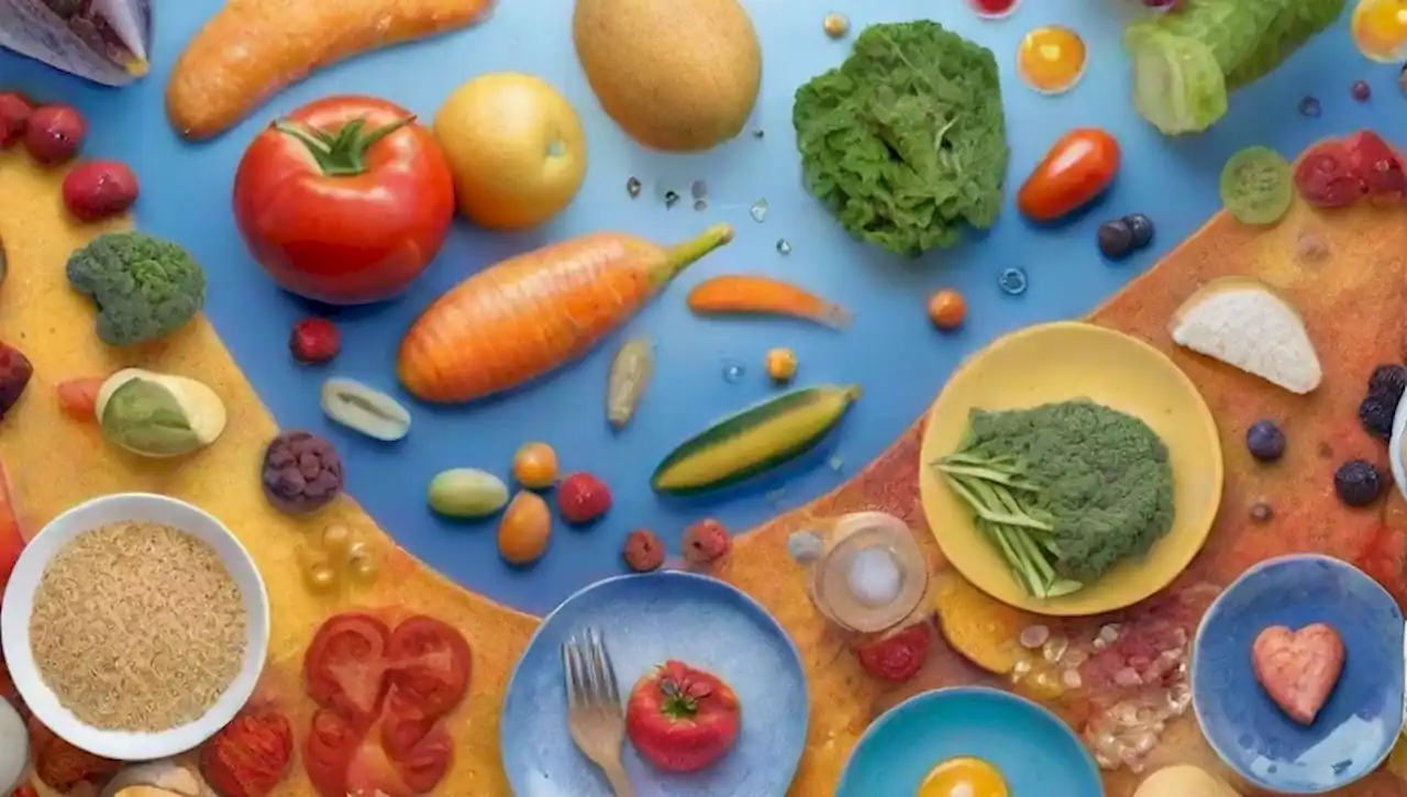 Un mundo surrealista lleno de frutas, verduras y alimentos vibrantes en interacciones soñadas.