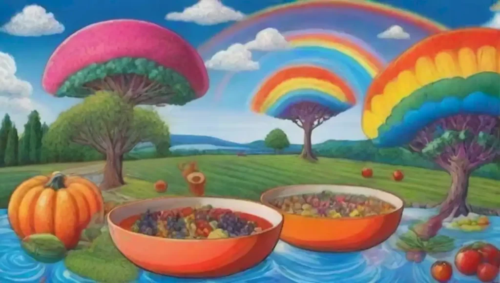 Frutas y vegetales surreales flotan en paisajes soñados con personajes y comidas coloridas.