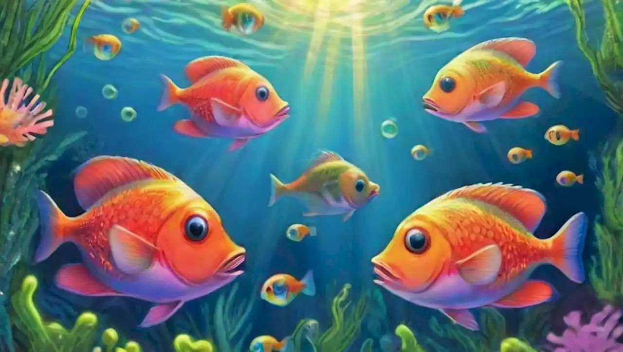 Una escena submarina vibrante con coloridos peces piraña y plantas exuberantes.