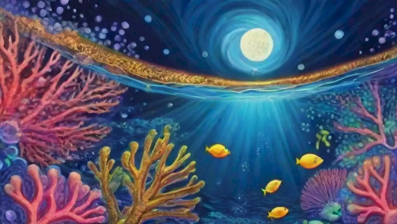 Un vibrante paisaje submarino de coral con peces y formas abstractas en un entorno surrealista.