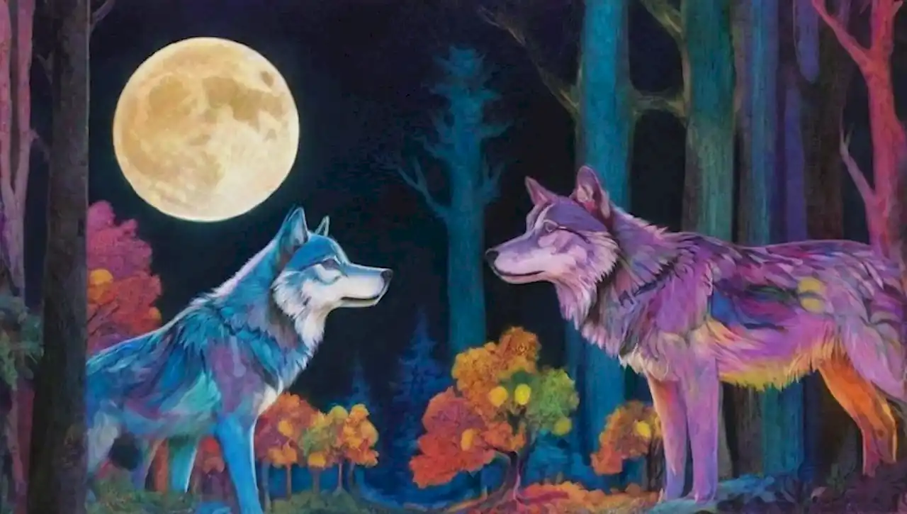Paisaje surrealista con lobos coloridos en un bosque fragmentado y onírico.