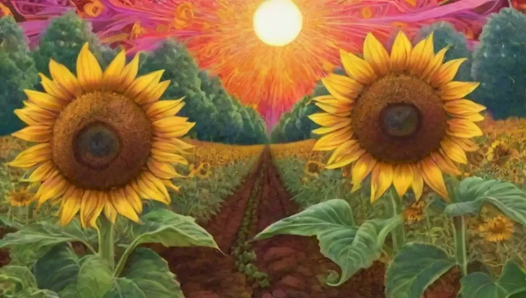 Un paisaje surrealista con girasoles gigantes