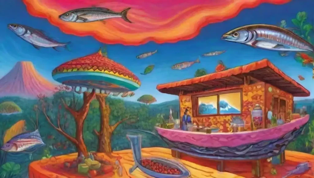 Paisaje surrealista vibrante con elementos culturales y naturales fusionados de manera onírica.