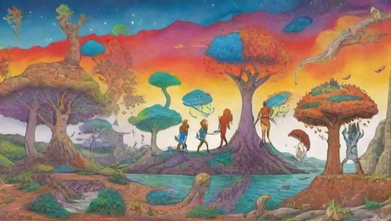 Paisaje surrealista con ADN colorido, fósiles antiguos y siluetas humanas en una atmósfera onírica.