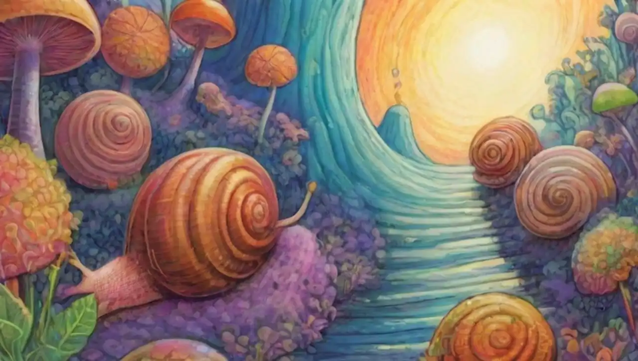 Anatomía surrealista de caracoles en paisajes oníricos y coloridos.
