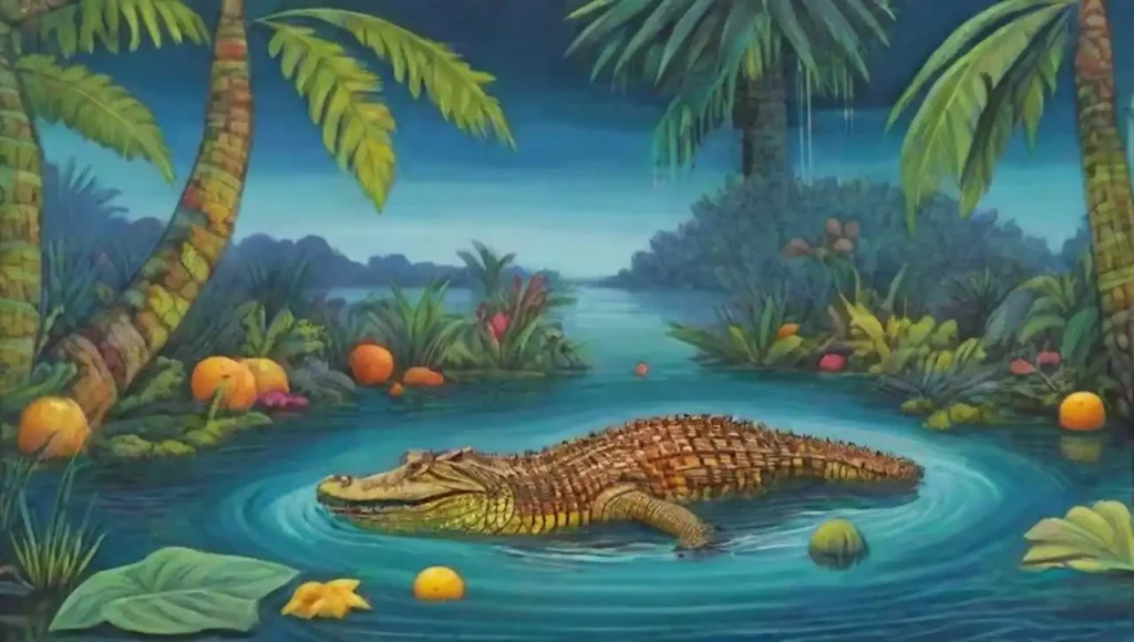 Un hábitat surrealista de cocodrilos con colores vibrantes y formas abstractas en un paisaje onírico.