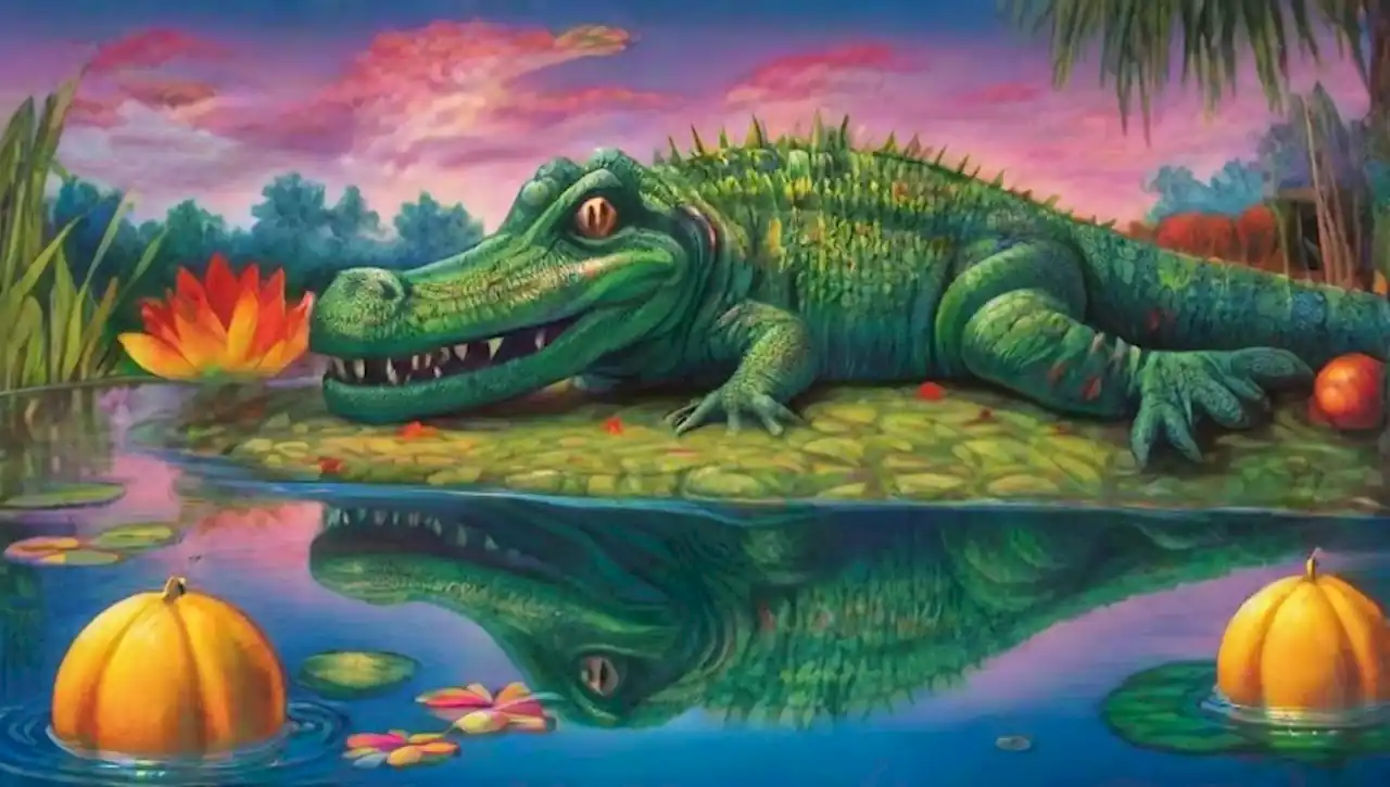 Un paisaje surrealista con caimanes gigantes, frutas flotantes y un río de cristal.