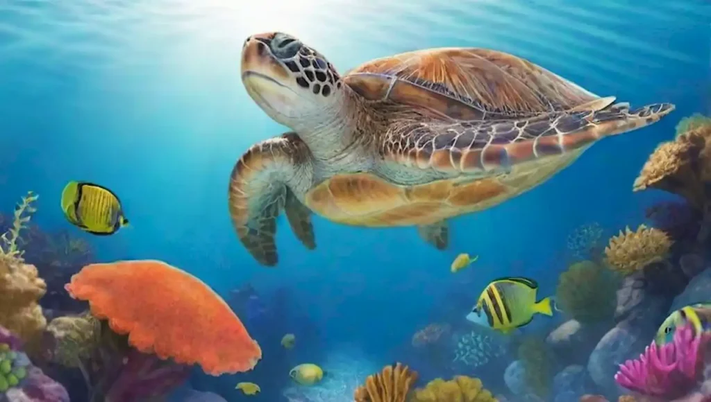 Escena tropical submarina con tortuga marina