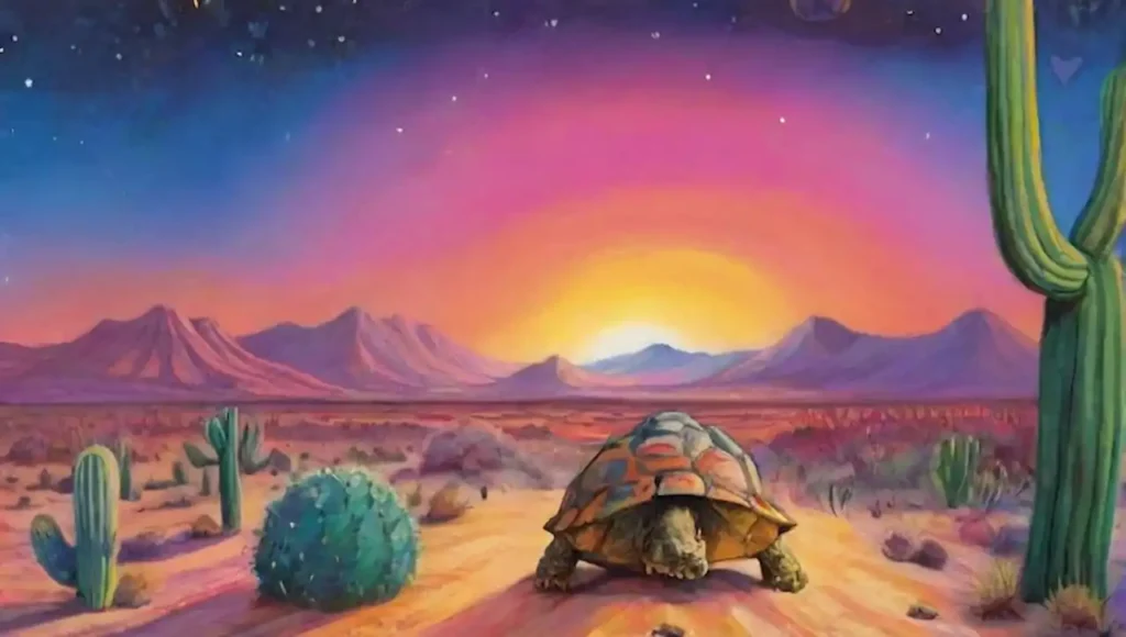 Tortugas soñadoras habitan un paisaje desértico vibrante y surrealista