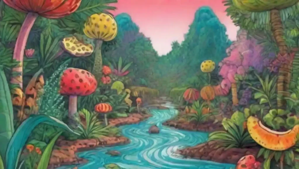 Un mundo de criaturas miniaturas y paisajes surrealistas en una jungla vibrante.