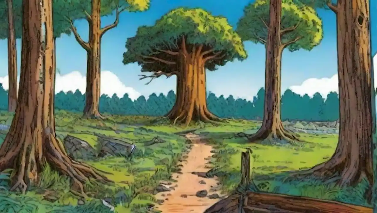 Un paisaje forestal vibrante con árboles antiguos, vida silvestre y suaves huellas de deforestación.