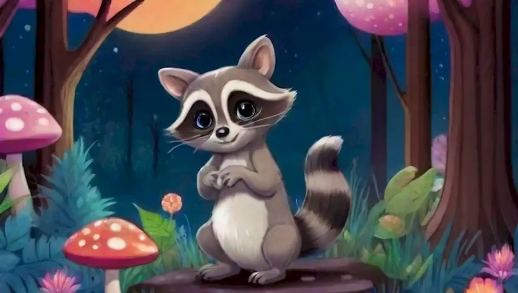 Un mapache juguetón en un bosque surrealista bajo la luna.