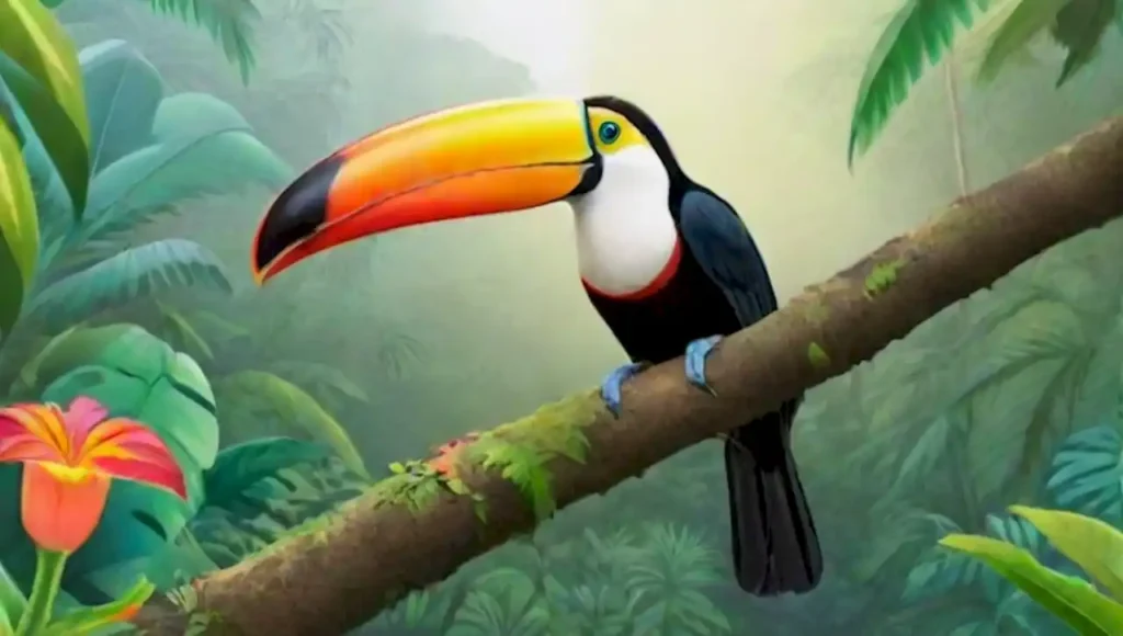 Tucán colorido en una rama rodeado de un exuberante paisaje tropical.