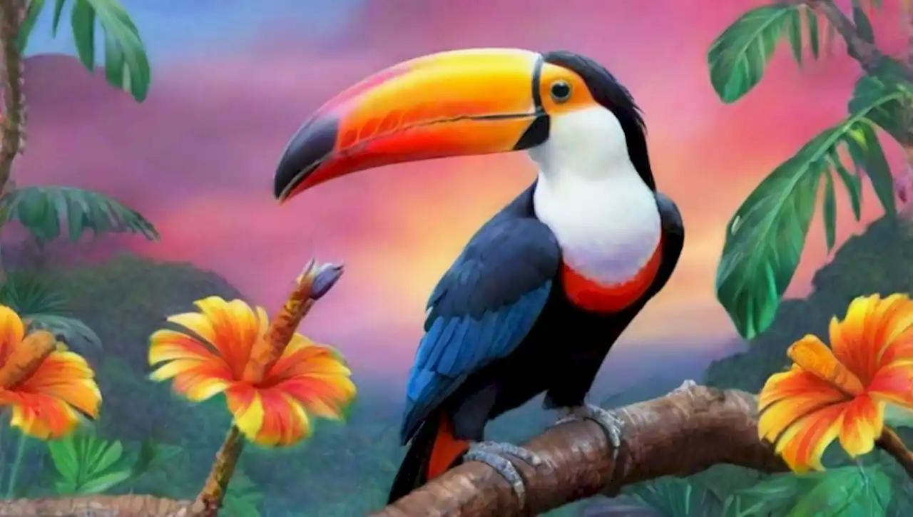 Un tucán colorido en una selva tropical surrealista y mágica.