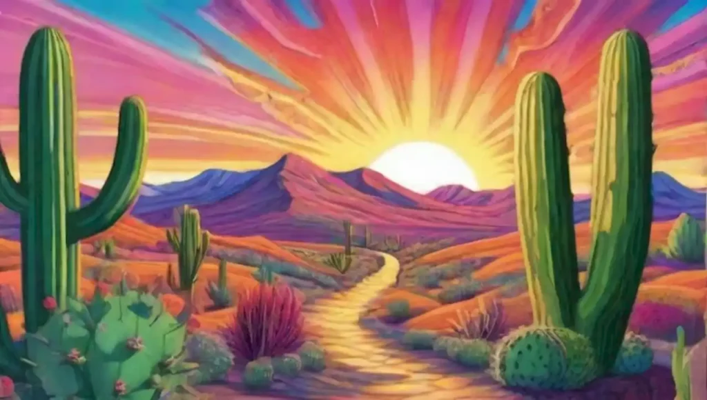 Paisaje desértico surrealista con cactus coloridos