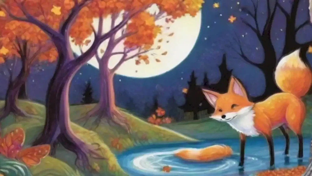 Zorro fantasioso en un bosque vibrante de otoño con luces suaves y un cielo estrellado.