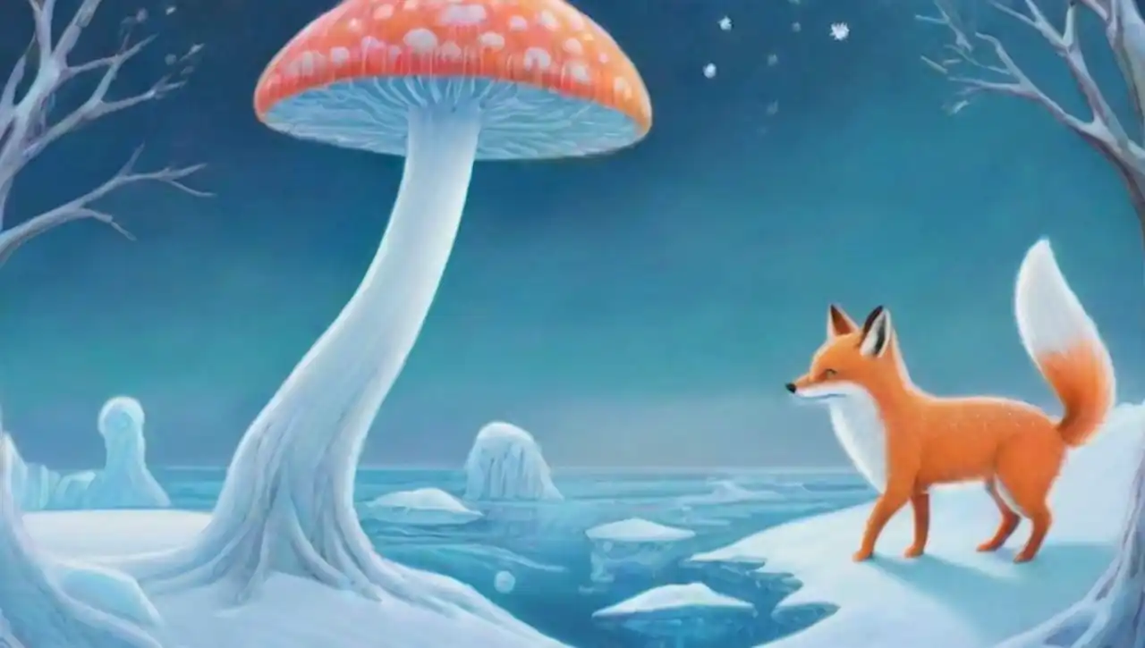 Paisaje ártico surrealista con zorros etéreos, icebergs derritiéndose y auroras vibrantes.